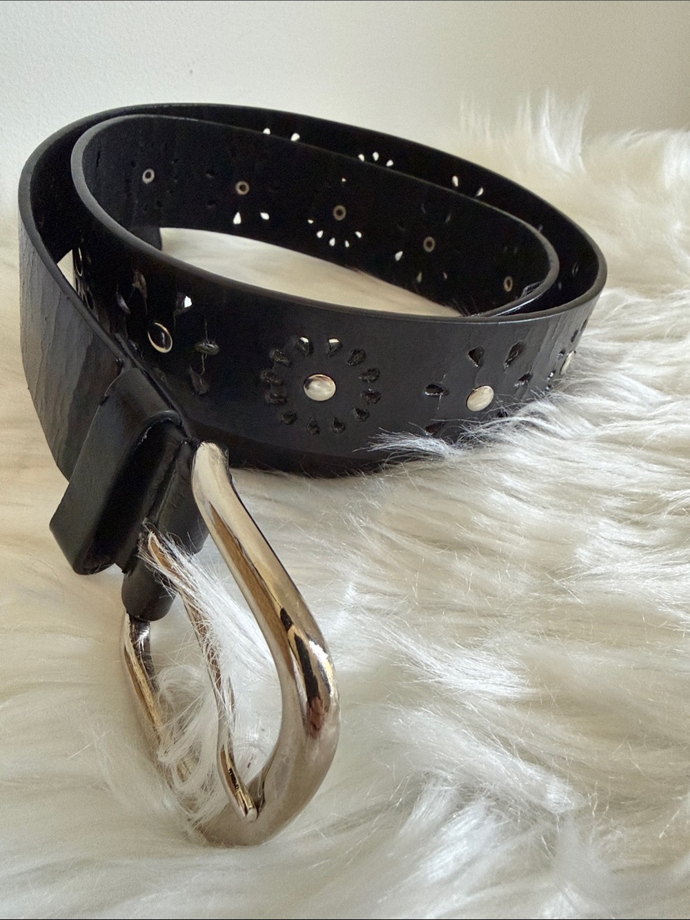 Black Laser-Cut Vegan Leather Belt with Silver Buckle